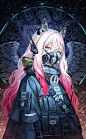 Anime 1236x2000 anime girls anime original characters cat ears pink hair gradient hair jacket military blue eyes looking at viewer gas masks skeleton portrait display vertical 2D artwork drawing digital art illustration Mai Okuma