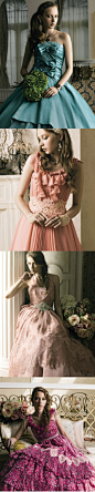 四款不同色系的彩色婚纱，高贵的蓝色，可爱的粉色，浪漫的紫色，蝴蝶结百褶裙，童话般的公主风格~