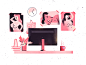 Workspace work computer icons desk girl workspace poster illustration