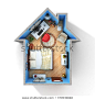 Concept of home. Flat full of things in form of house in top view. Rent, buy and realization concept.