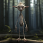 A realistic round and furry fairytale figure with pointy ears and long skinny legs and arms. Standing in the forest