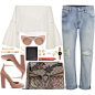 A fashion look from November 2016 featuring off-the-shoulder blouses, tapered jeans and maryjane pumps. Browse and shop related looks.