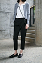 Cardigan with a sweet collar...Crossbody bag,  Ankle length pants.  Perfect: 