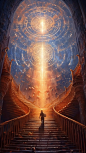 inspirational painting of the stairway to heaven, in the style of prismatic forms, mosaic-inspired realism, andreas rocha, junji ito, human connection, life force, bibliographic anomalies