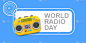 世界无线电日水平横幅老式橙色盒式磁带立体声播放器隔离蓝色背景。卡通时髦嬉皮士电台日横幅或海报