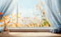 open window in the day time with white curtains, wooden wall and, in the style of motion blur panorama, tranquil gardenscapes, 32k uhd, light amber and sky-blue, lively tableaus, studyplace, misty atmosphere