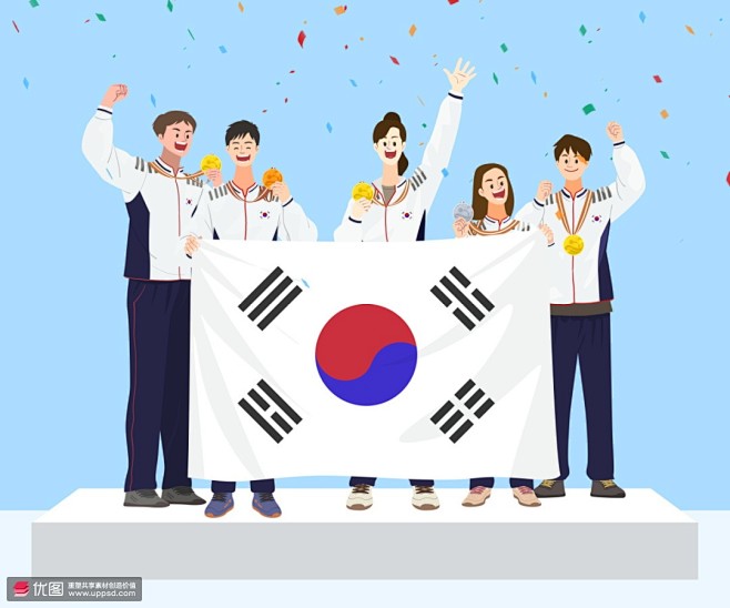 韩国国旗年轻运动员金牌得主运动竞技插画 ...