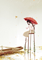 雨伞和飞花-藤~小石头_插画，封面，小清新_涂鸦王国插画