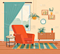 椅子,窗户,绘画插图,公寓,舒服,室内植物,矢量,窗帘,地板,复古风格
