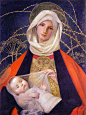 《圣母与圣子》 Madonna & Child
宝座和罩衣都极具装饰性，红、白、金三种颜色的搭配可见画家对色彩的大胆把握。她重新发现了Gesso-Grosso（一种石膏石，用来增加颜料的细腻质感和持久效果），并把这种古老的技术和蛋彩（用蛋清调颜料的方法）结合起来，使颜色有一种白日的真诚明亮，加上画家的构图简洁，使作品产生一种独特的结合装饰性和质朴性的魅力。虽然主题和其图画魅力都和拉斐尔前派相近，但圣婴也难免被表现为一个近乎真实的人类婴儿，可见维多利亚时代末期自然主义对艺术的影响。