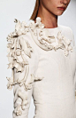 Sculptured surface detail - white on white fashion with 3D textures; organic influences; wearable art // Leandro Cano