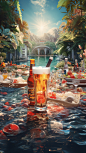 A cover full of summer, style of beer, various beers, glass sculptures, exotic atmosphere, joyful celebration of nature, everyday objects, sparkling water reflections, ray tracing, formalist aesthetics, soaked in the style of the sun color, --ar 9:16