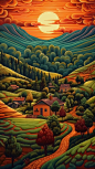 An idyllic countryside vista with undulating hills and quaint farmhouses, in the style of poster art, hyper-detailed, richly colored skies, sgrafitto