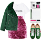 A fashion look from November 2017 featuring print t shirts, biker jackets and pink skirt. Browse and shop related looks.