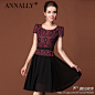 40多女人穿的衣服:ANNALLY品牌2013夏季新品 订珠复合蕾丝拼接雪纺 泡泡短袖连衣裙