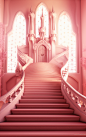 the pink theme is a princess palace and stairs, in the style of photorealistic rendering, light red and white, realistic hyper-detailed rendering, smokey background, studio light, cute and colorful, contrasting backgrounds