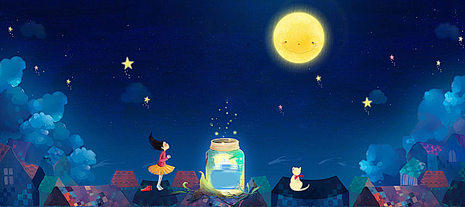 卡通,童趣,童话,月亮,星星,星空,蓝色...