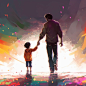 A dad holding his little son's hand and smiling happily,anime,4k,Abstract