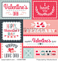 Set of hipster Valentine's Day typographic tags and labels in red and green with hearts and arrows. For greeting card, poster, menu, party invitation, social media, web banner, gift wrapping paper.