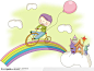 可爱女童插画－彩虹上骑自行车的可爱男孩