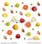 Pattern with grapefruit, strawberry, lime, lemon and apple. Tropical abstract background.  Grapefruit, strawberry, lime, lemon and apple on the white background.