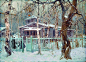 Stepan Kolesnikov，乌克兰画家，作品多数是颜色漂亮的场景，几块饱和度较高的暖色让雪地不再冰冷，树枝刻画得非常灵动，赋予雪景生命。