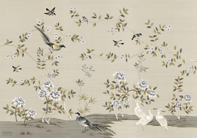 中式 花鸟 月季 竹子 手绘 效果图 壁...