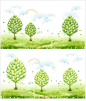 清新树木插画矢量素材，素材格式：AI，素材关键词：树木,云朵,草地,彩虹,矢量植物