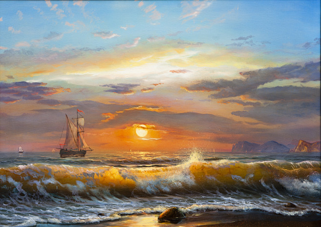 阳光，风景，日落，海，波浪，阳光，帆船，...