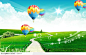 梦幻生活唯美插画-蓝天白云下的草地和五彩的热气球