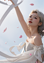 01166--6-a woman,white_background,grey hair,white ribbons fluttering up in the air,beautiful and romantic,curly hair,white petals fall,