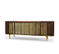 ANTHONY | SIDEBOARD : A stunning polished marble top is held by a solid walnut structure with golden brass details. Anthony Sideboard brings a playful geometric pattern on its doors, creating a unique contrast between the glossy gold and the dark walnut w