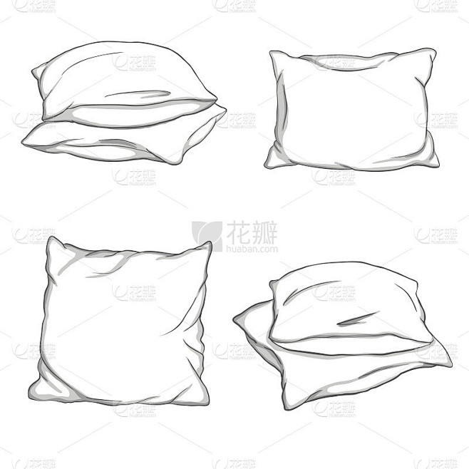 设置手绘素描风格枕头-一个，两个，堆叠的...