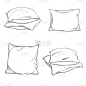 设置手绘素描风格枕头-一个，两个，堆叠的四个，手握的三个枕头堆，矢量插图孤立的白色背景。