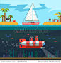 Rest on the sea: palms, islands, sail, submarine. Vector flat illustration