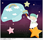 可爱女童插画－站在星星上绘画天空的女孩