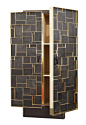 PHOENIX COLLECTION : Phoenix Cabinet Polished bronze is framing several sections of charred wood. Cubes are emerging with different heights from the doors. The handles are in silicified wood. Base in bronze. Height : 2300 mm Width : 1400 mm Depth : 550 mm