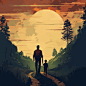 a man walking with his kid along a path with trees on the background, in the style of graphic design poster art, adventure themed, expansive landscapes, rtx on, earthy tones, poignant, imax