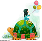 手绘拿着气球坐在乌龟贝壳上的小女孩