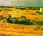 《收割中的田园风景》，1888年 
这幅画采用较传统的写实风格，整个画面笼罩在暖色调中。远景的处理，使得画面产生平远的效果。
