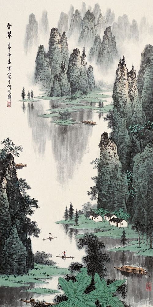 漓江烟雨 白雪石山水画欣赏 - 开心集品