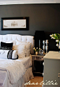 charcoal gray walls - white bedding -