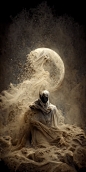 月亮骑士溶解成漩涡状的沙子，体积尘埃，电影照明，特写肖像