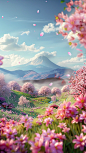 a beautiful flower field is shown in wallpaper, in the style of rendered in cinema4d, whimsical cartoonish characters, photo-realistic landscapes, i can't believe how beautiful this is, cherry blossoms, whimsical form, mountainous vistas