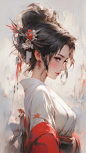 japanese retro 50s poster portrait of a beautiful asian princess in a traditional white kimono, character concept art, character design, rough paper, realistic, detailed illustration, character concept art, bill sienkiewicz, in the style of michaeld, soli