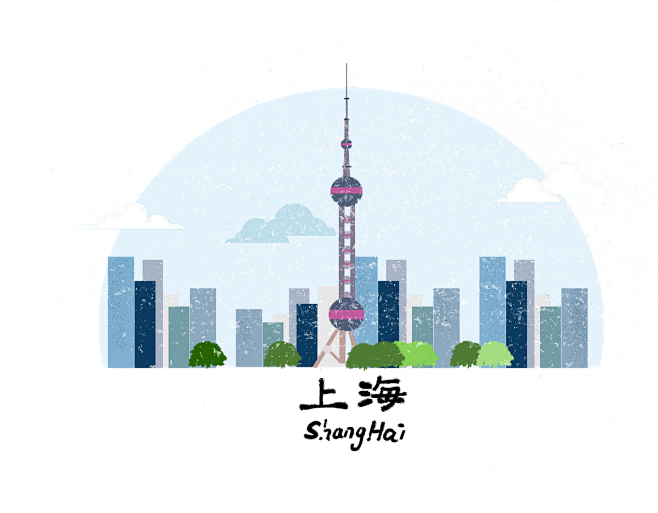 手绘中国城市卡通地标建筑LOGO插画图案...