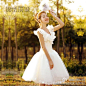 韩版伴娘服白色小礼服双肩短款婚纱女连衣裙2014新款公主晚装礼服。