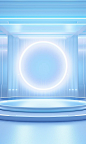 C4D舞台背景，白色和蓝色磨砂玻璃背景，中心有一个边缘清晰的圆圈，白色立柱，蓝色和白色配色方案，完美的照明效果，C4D渲染 (8)