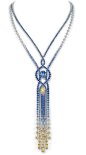 Chaumet Lumieres d’Eau high jewellery necklace in white and yellow gold set with an oval-cut blue sapphire from Ceylon of 10.23ct, a pear-shaped VVS1 Fancy Yellow diamond of 3.77ct, blue and yellow sapphires, and diamonds.@北坤人素材