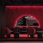 a dimly lit restaurant with red lighting and chairs